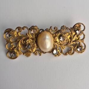 Vintage Miriam Haskell Signed Bar Brooch | Faux Baroque Pearl Filigree Pin